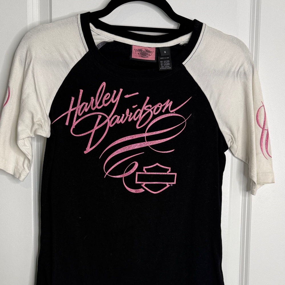 Harley-Davidson Black and Cream Tee with Pink Script